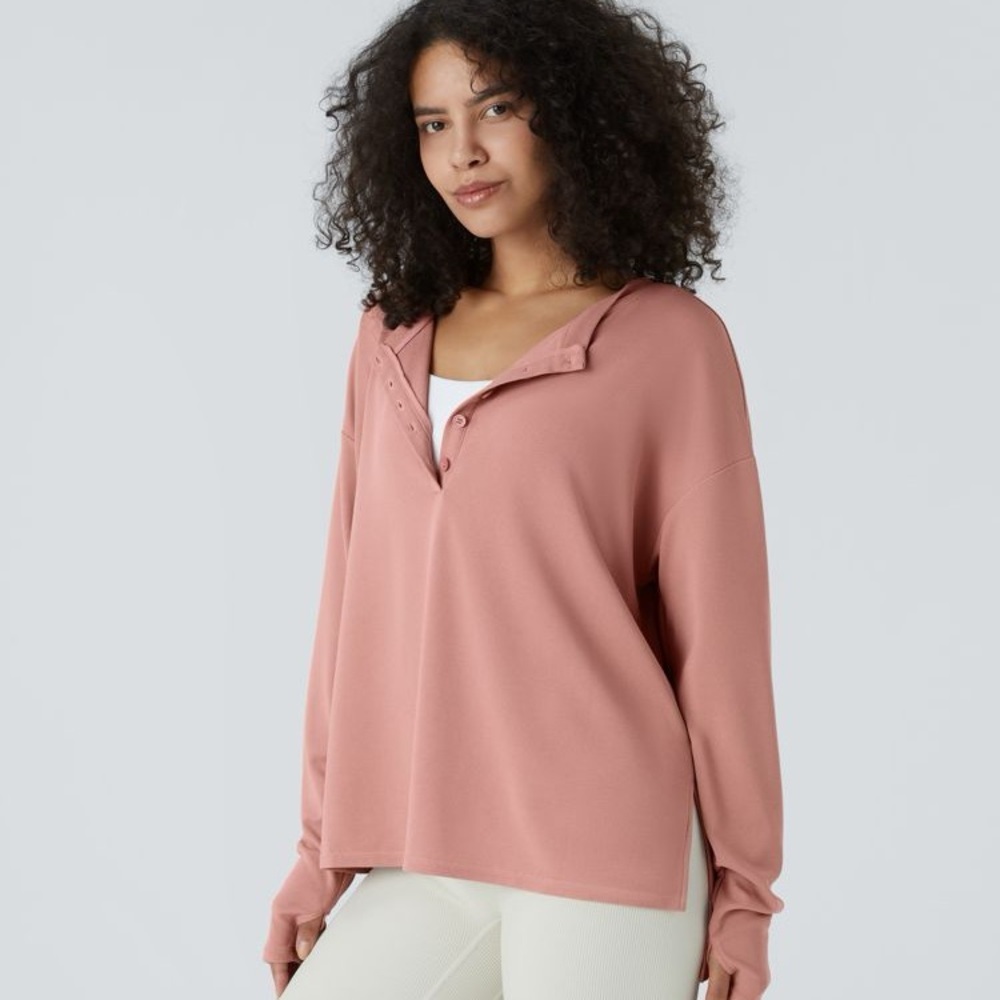 NWT Halara Waffle Knit Henley Top L Oversized Dusty Rose Athleisure Lounge - Picture 2 of 8